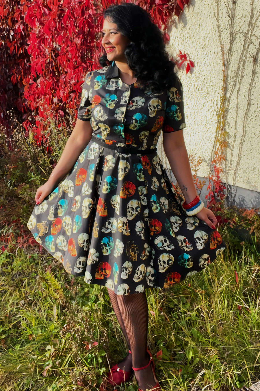 Penelope Rockabilly Black Skull Shirt Dress